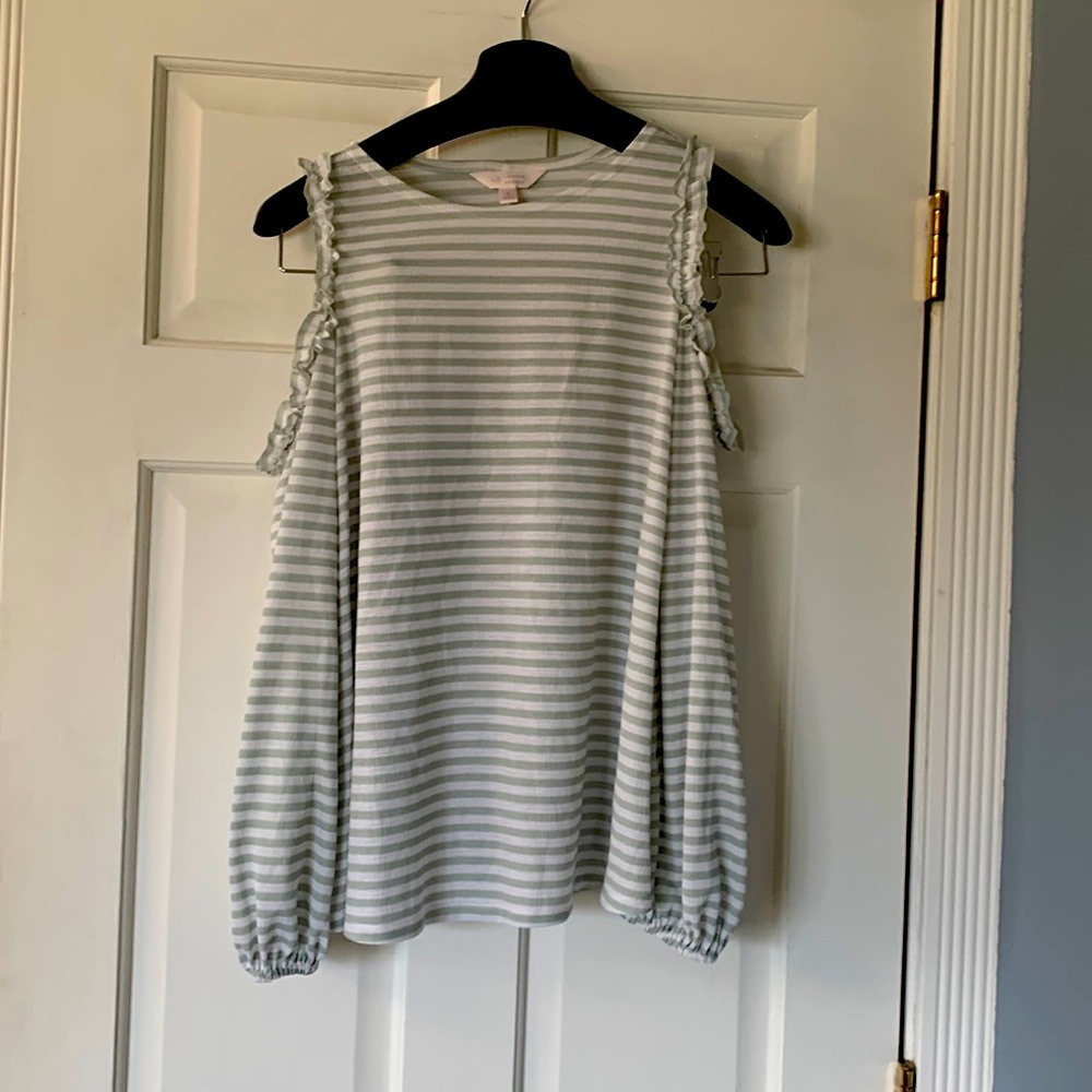 NWOT Lauren Conrad Sage Stripe Open Shoulder Top size Small